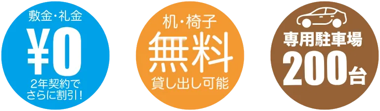 敷金・礼金0円/机・椅子無料貸し出し可能/専用駐車場200台